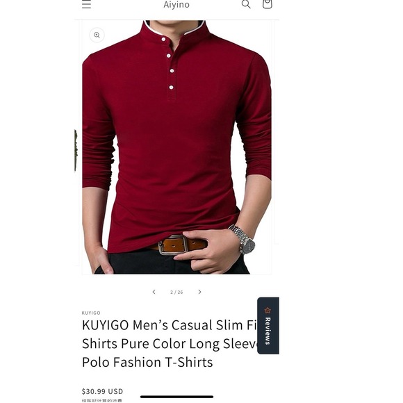 KUYIGO Mens Mandarin Collar Long Sleeve Casual Slim Fit Polo T Shirt Red - Picture 2 of 7